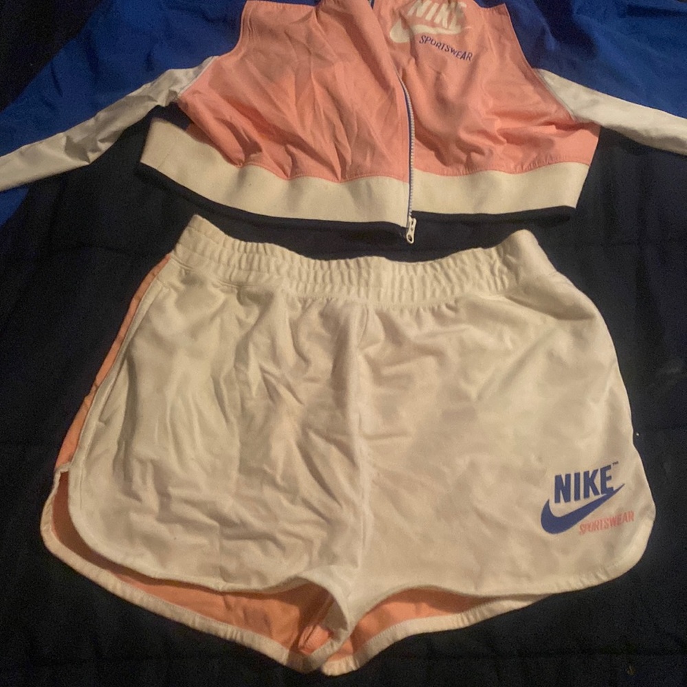 Nike sports wear short set. Blue/pink. Jacket is crop top length